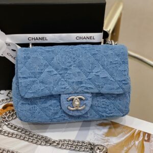 Túi Xách Chanel Flap Vải Casvan Nữ Like Auth Màu Xanh 19cm (2)